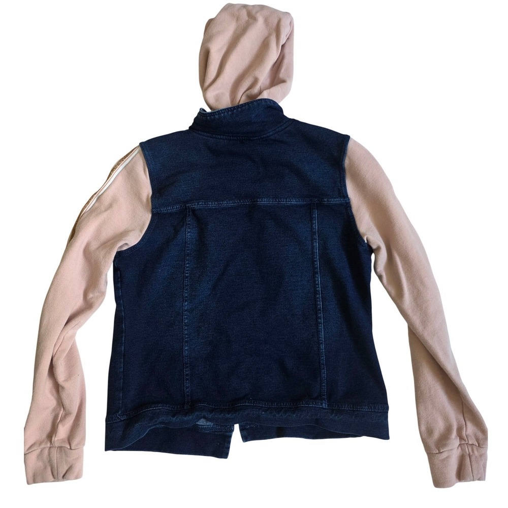Guess Hooded Denim Jacket 14 Blue Pink Rhinestone Logo Hybrid Mixed Media Coat - Picture 3 of 8
